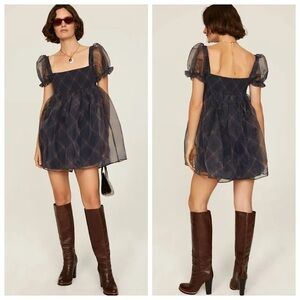 We Wore What Puff Sleeve Organza Diagonal Plaid Babydoll Mini Dress Sz L Navy